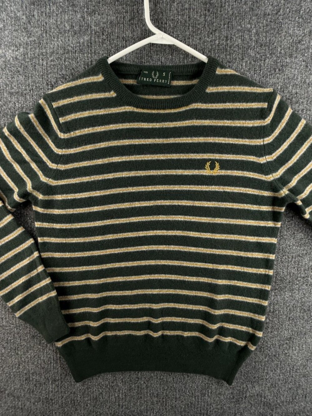 Fred Perry Small Striped All Wool Crew Neck Long Sleeve Italy Green Sweater Mens